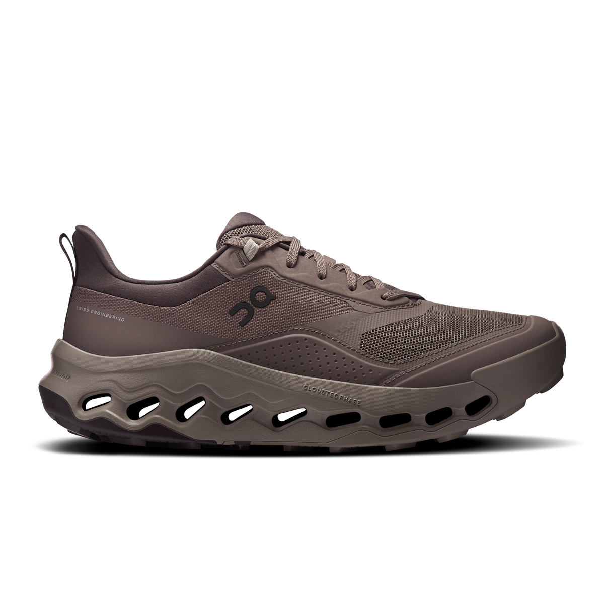 Men's lace-up running shoes, taupe knit upper with On logo and CloudTec-style sole.
