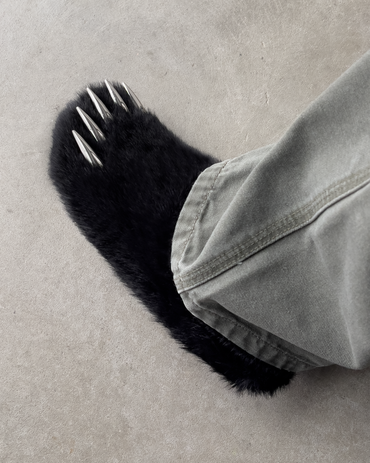 Black faux-fur bear claw mule, open back slip-on with metallic spike claws