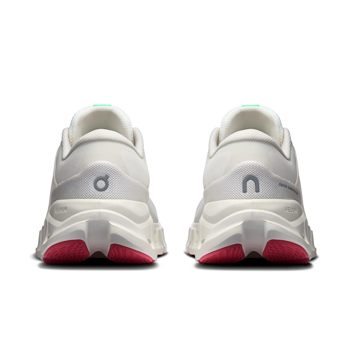 Women's ivory running shoes, rear view with red heel pods and cushioned collar