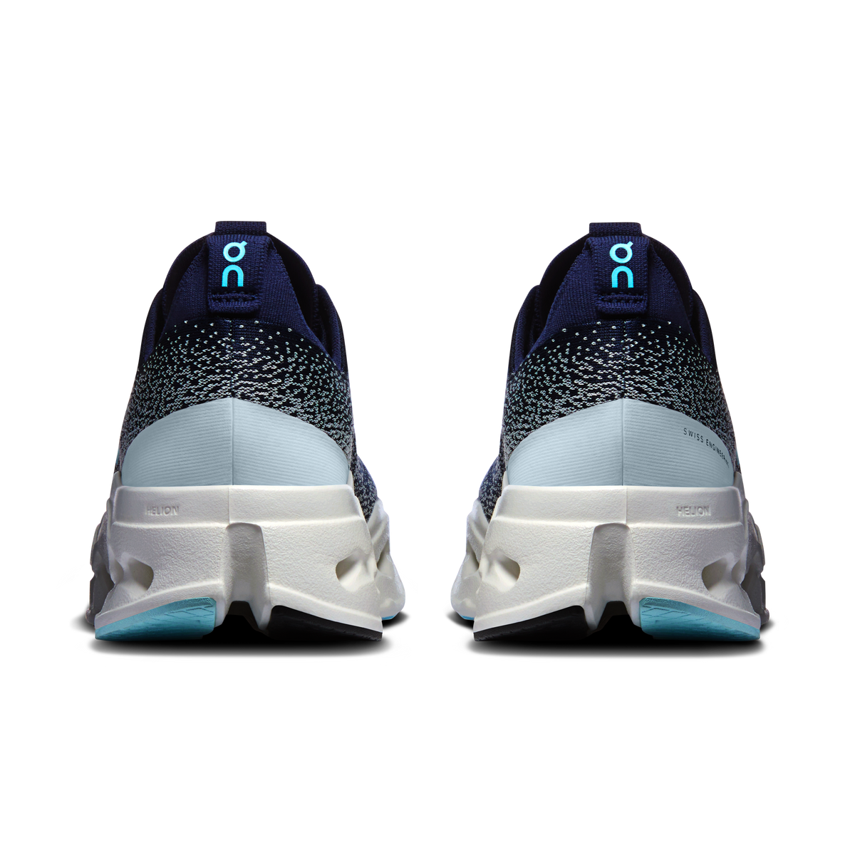 Men's running shoes heel view, dark navy knit with white foam midsole and blue logo