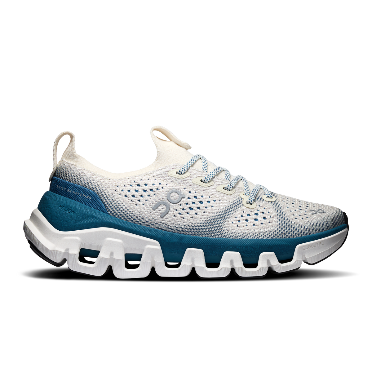 Women’s running shoes with white mesh upper, blue side panels, cushioned tread sole