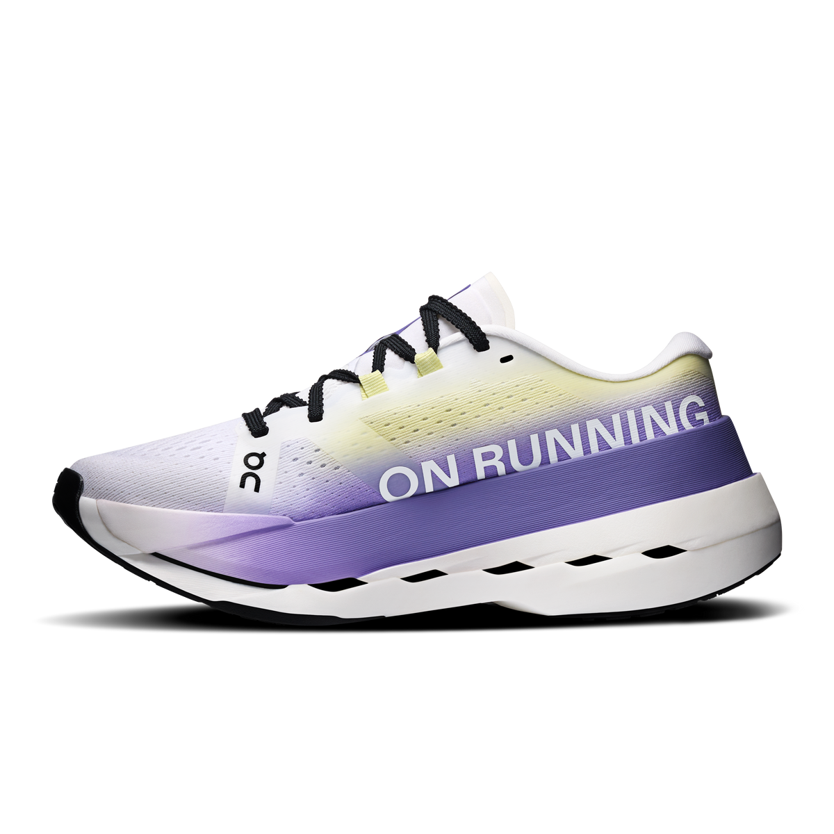 Women’s On running shoe in white and purple with ON logo, lace-up front
