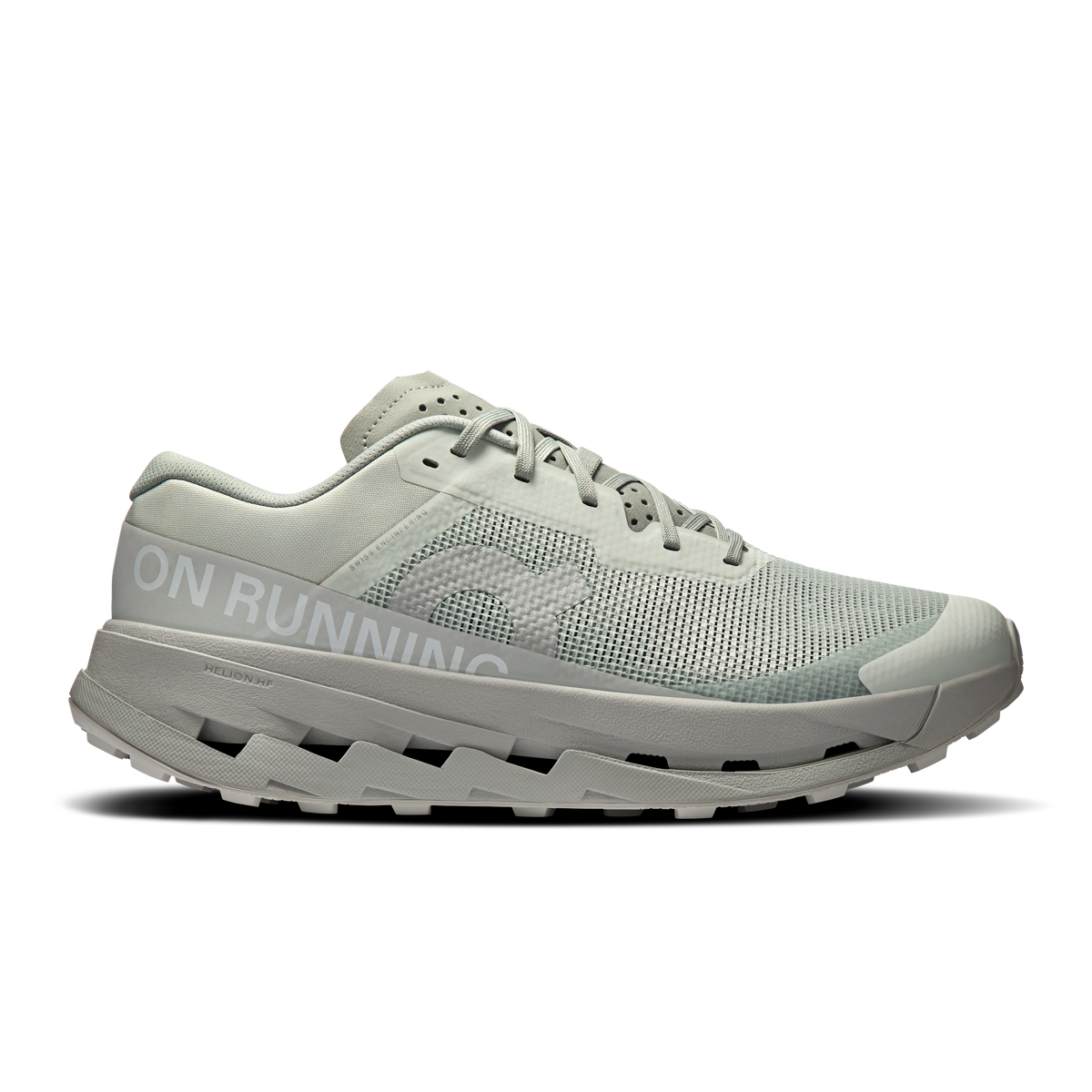 Men's running shoes in light blue-gray, mesh knit upper, lace-up, cushioned sole