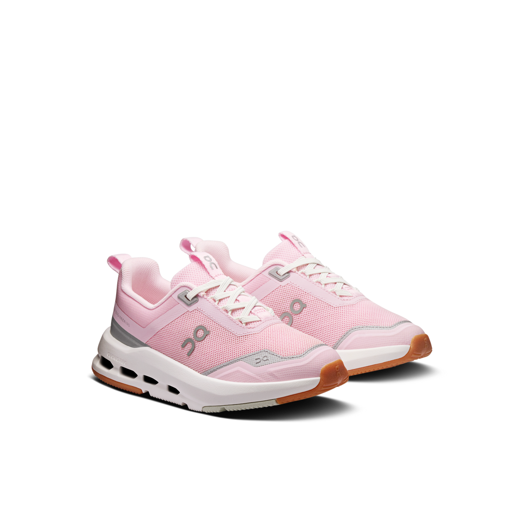 Kids' pink running shoes with side logo, gray trim, and white sole with traction