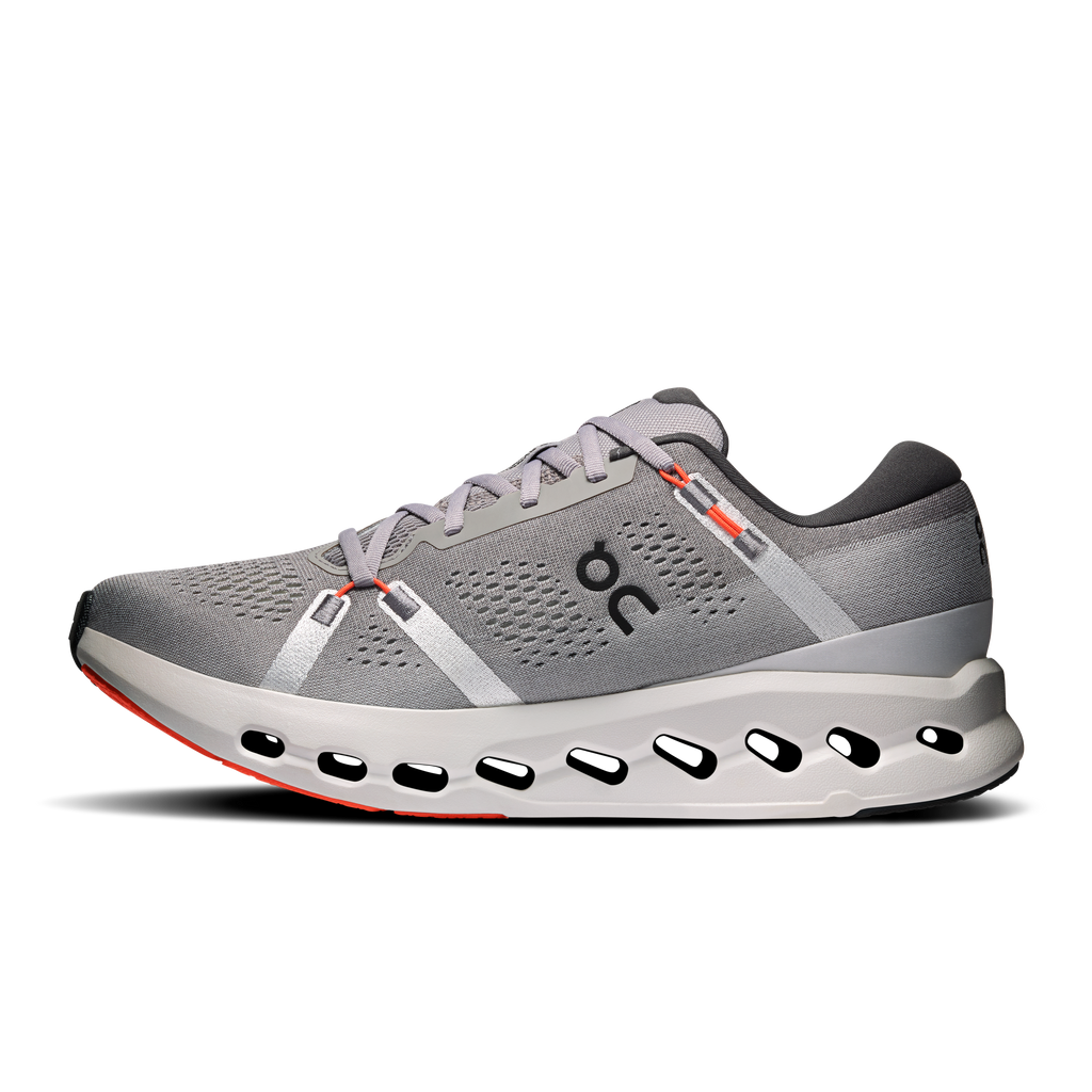 Men's lace-up running shoe in gray with white cloud-like sole and orange edge.