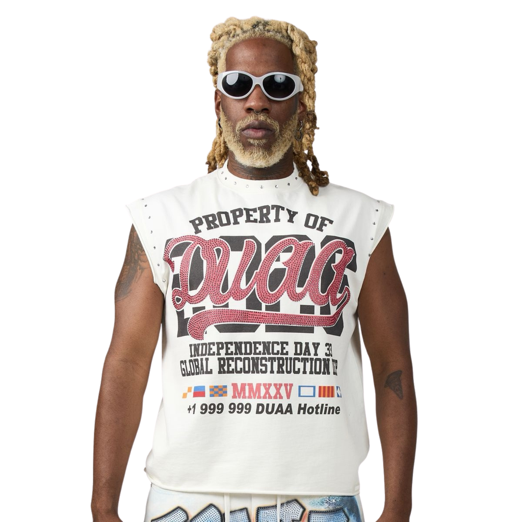 DUAA men's off-white vintage cutoff tank with large front graphic print