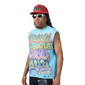 Blue men's wall cutoff tank with colorful graffiti-style front graphic