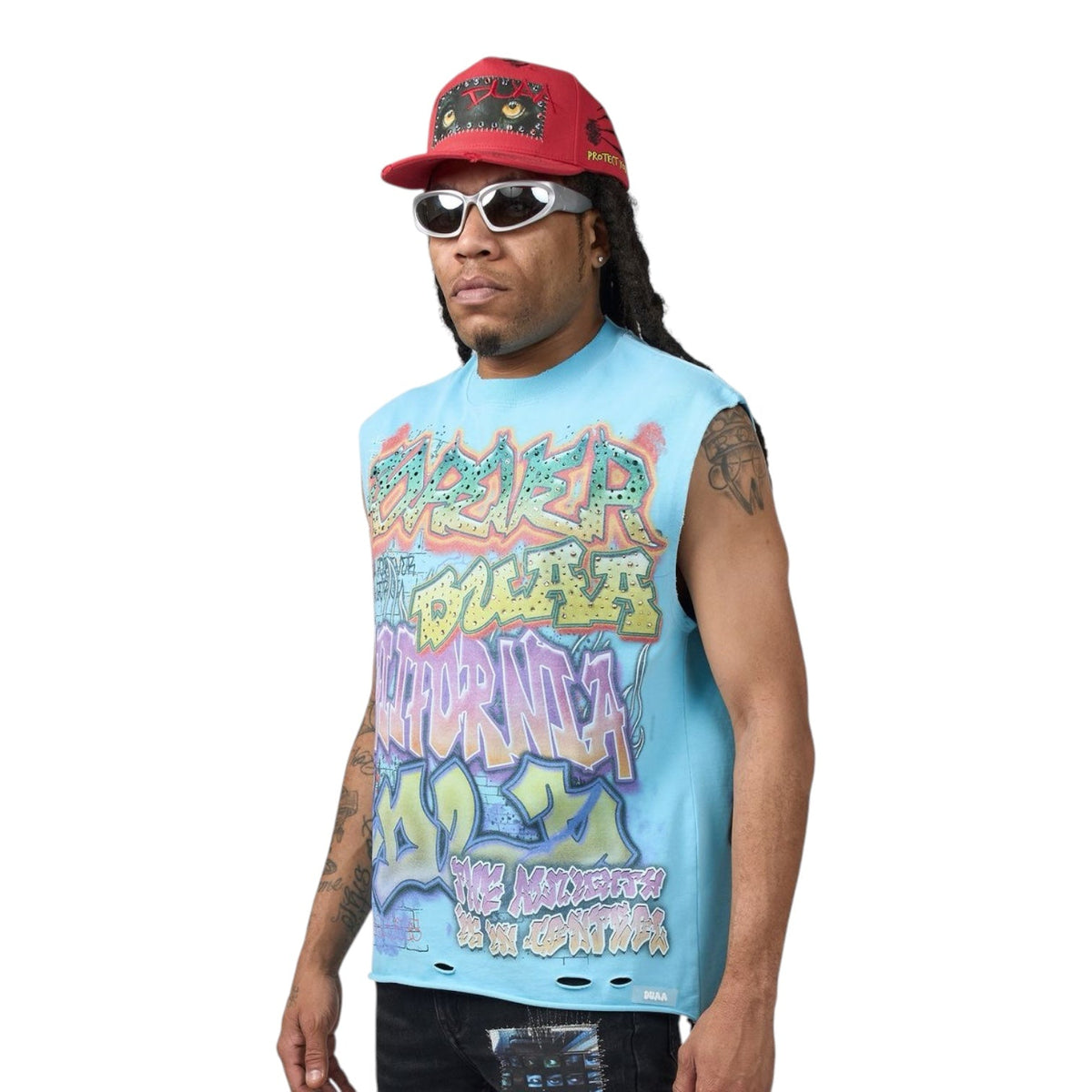 Blue men's wall cutoff tank with colorful graffiti-style front graphic