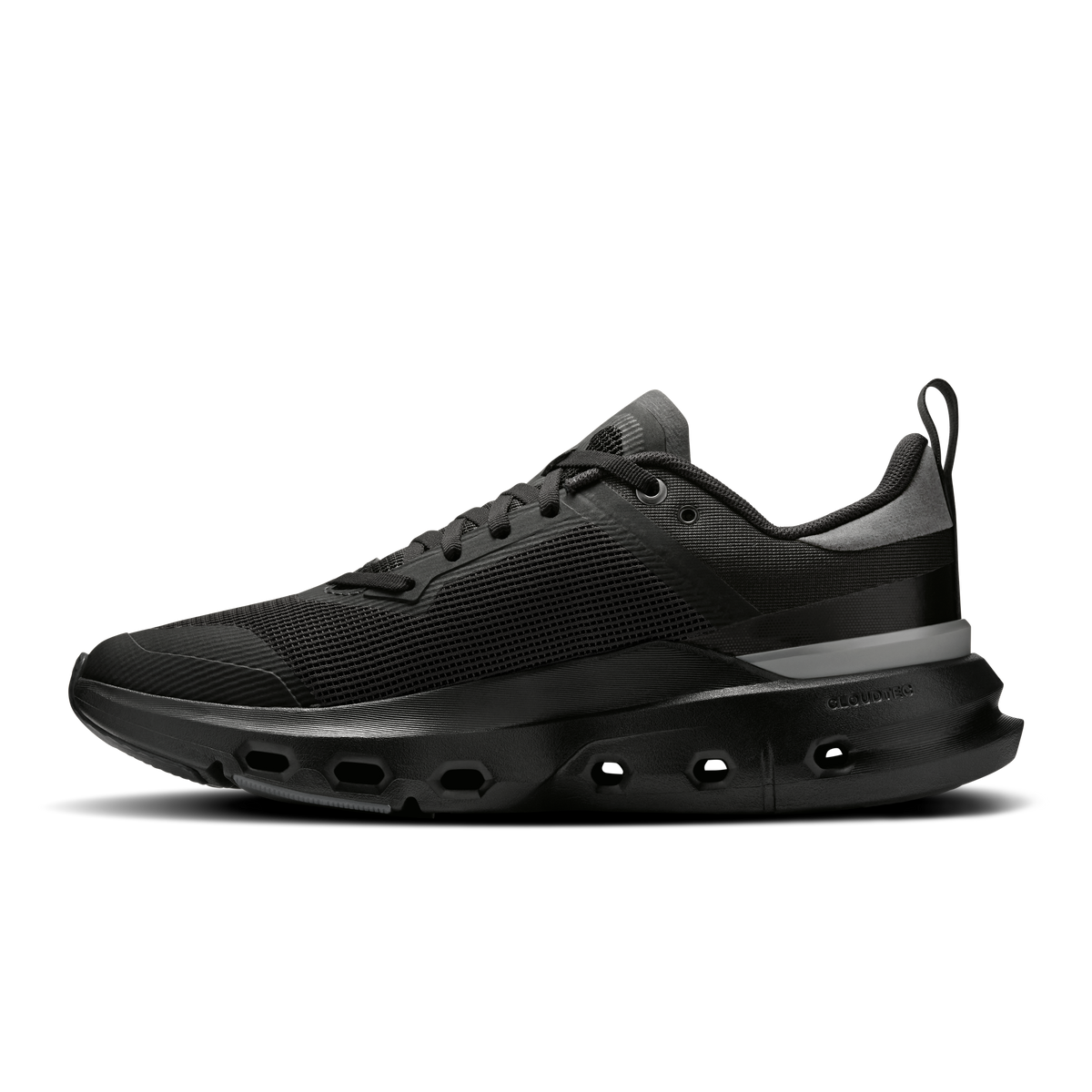 On women's Cloudpulse running shoe, black upper with grey side stripe and CloudTec pods