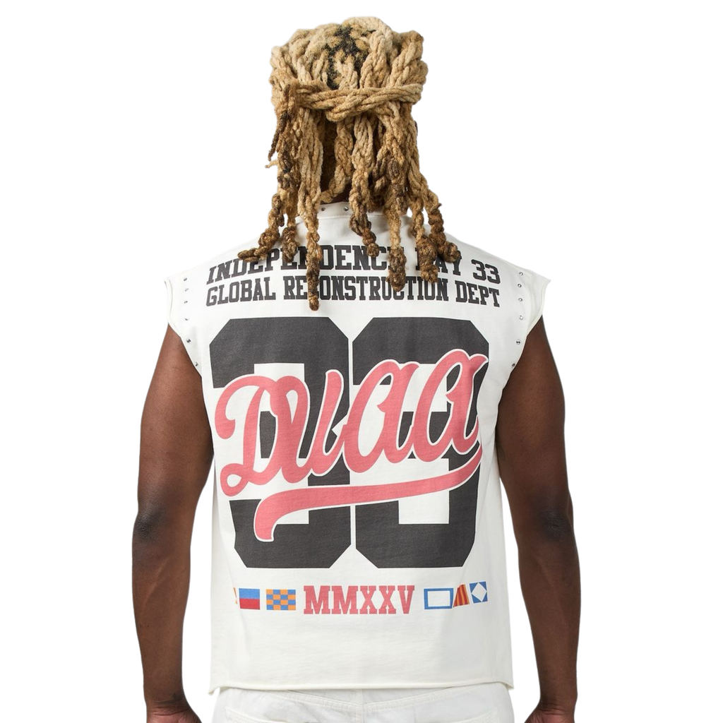 Back of men's off-white vintage cutoff tank with oversized graphic print