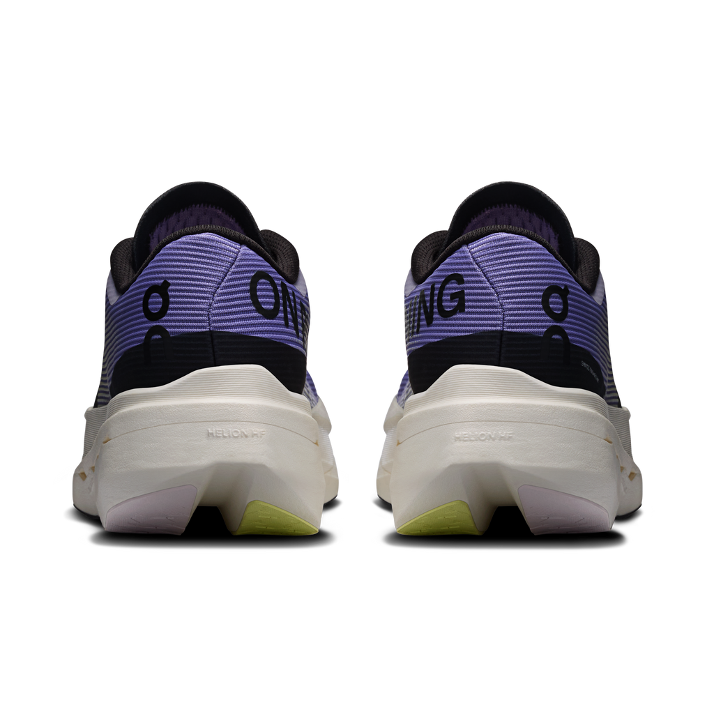 On Cloudboom Volt running shoes, purple heel with black collar and white sole