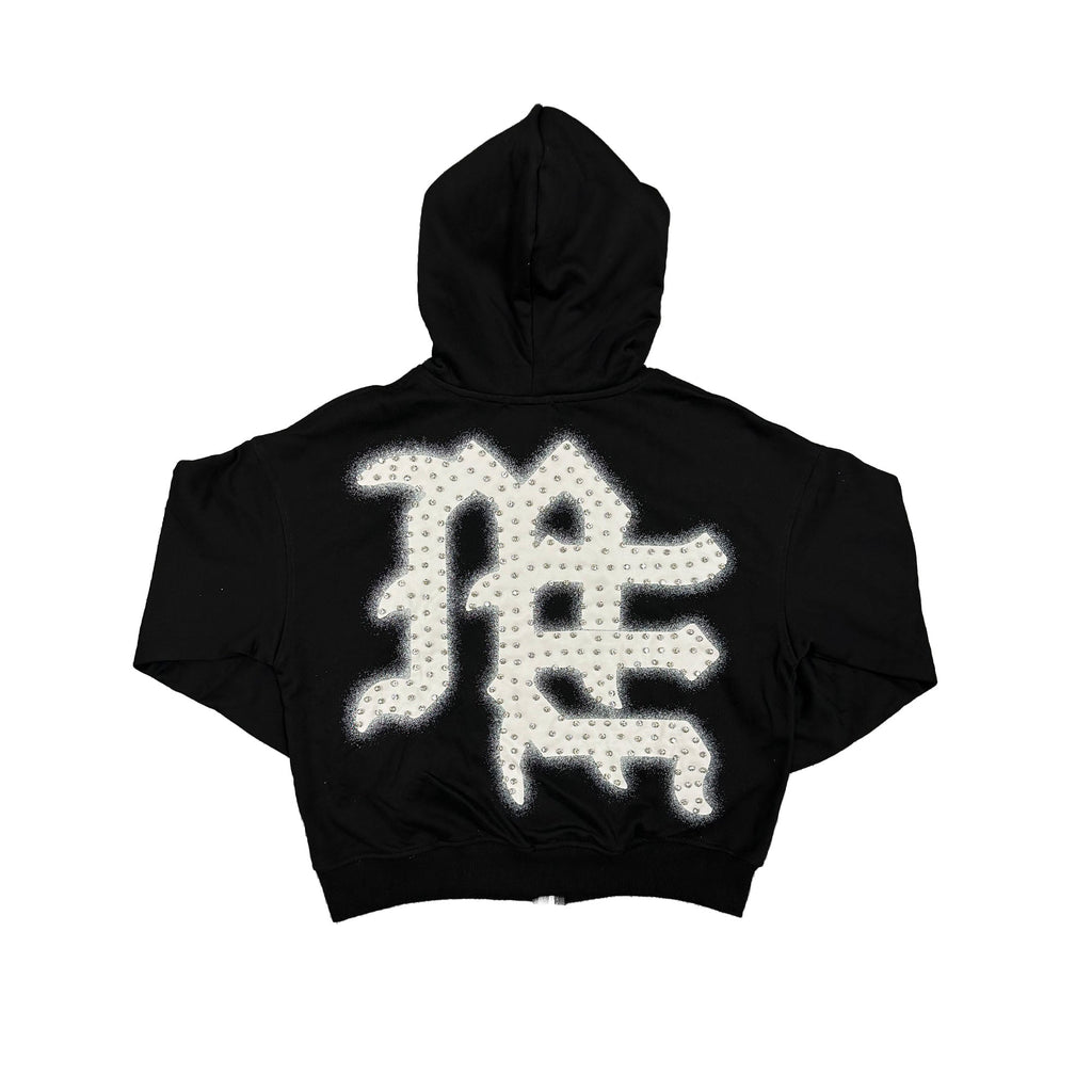 Men's black hoodie with rhinestone back graphic and hood