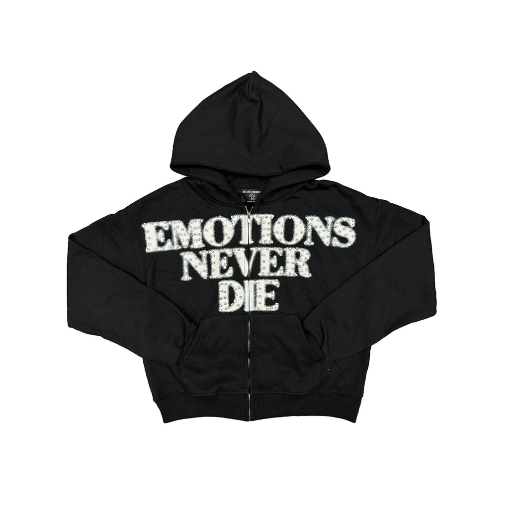 Men's black rhinestone hoodie with zip front and 'EMOTIONS NEVER DIE' logo