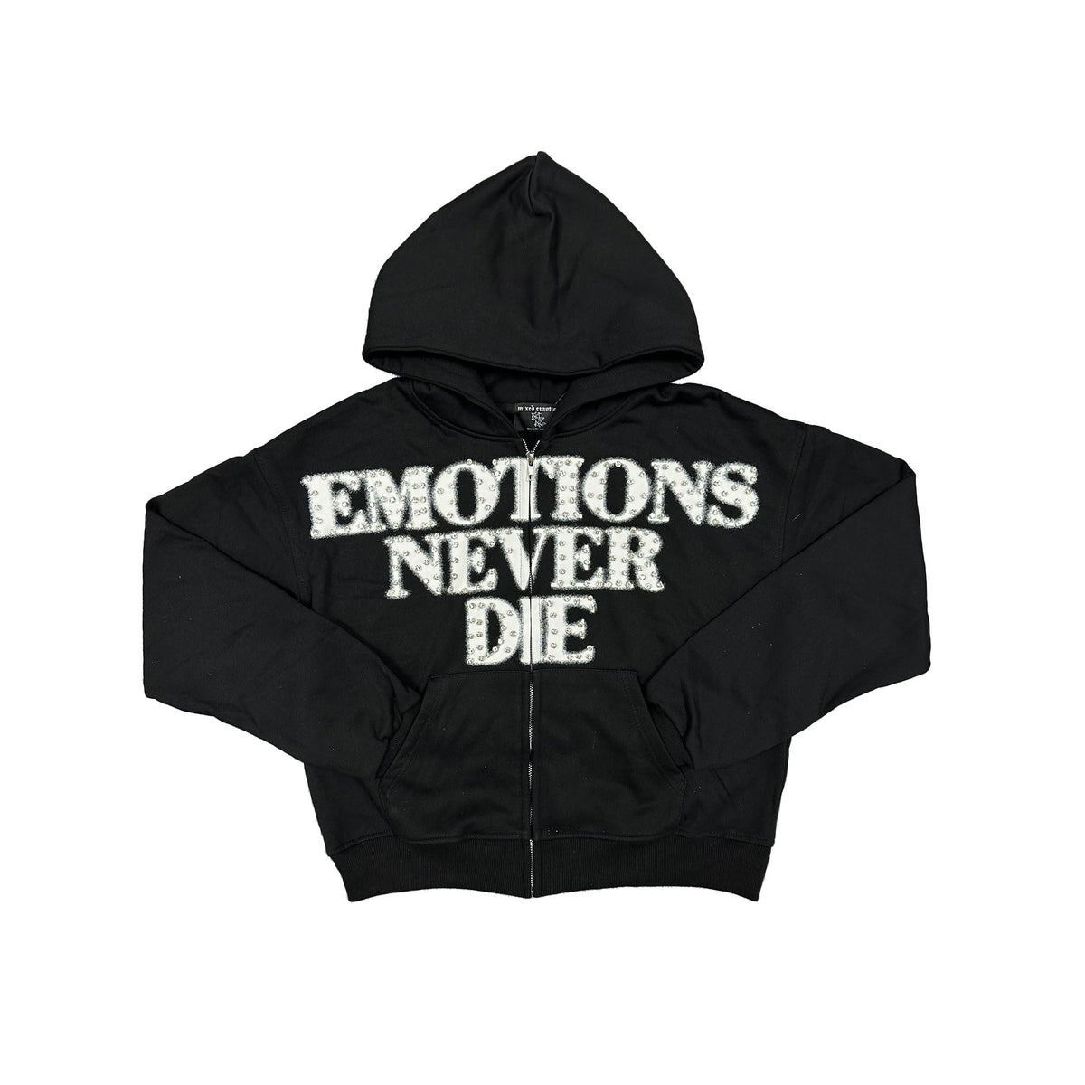 Men's black rhinestone hoodie with zip front and 'EMOTIONS NEVER DIE' logo