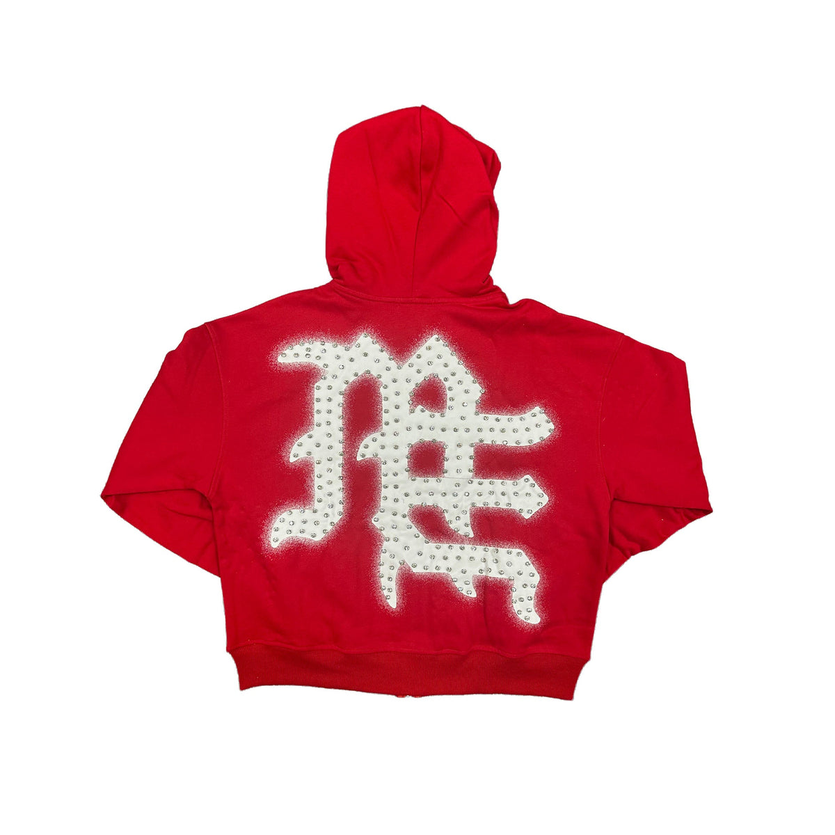 Men's red rhinestone hoodie with hood; back large rhinestone character graphic
