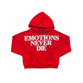 Men's red rhinestone hoodie with front zipper and 'EMOTIONS NEVER DIE' graphic