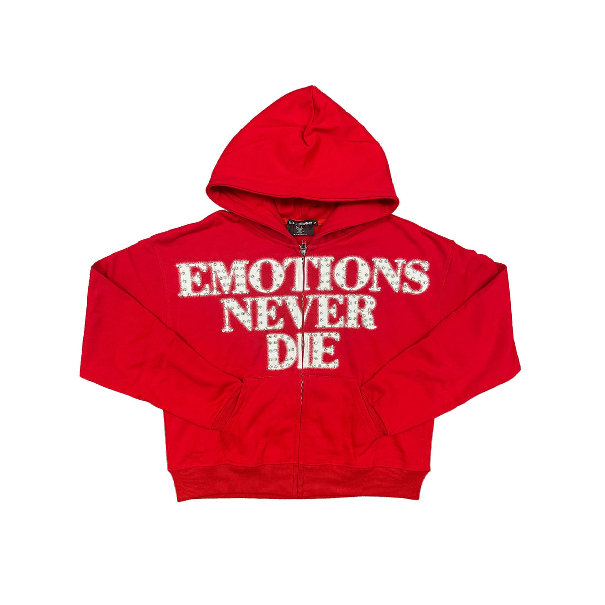 Men's red rhinestone hoodie with front zipper and 'EMOTIONS NEVER DIE' graphic