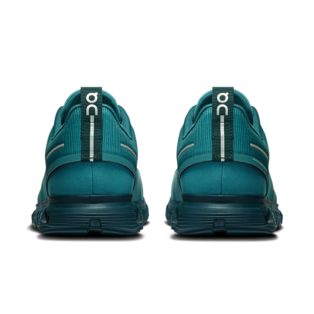 Men's waterproof running shoes, teal back view with padded heel and lace-up closure