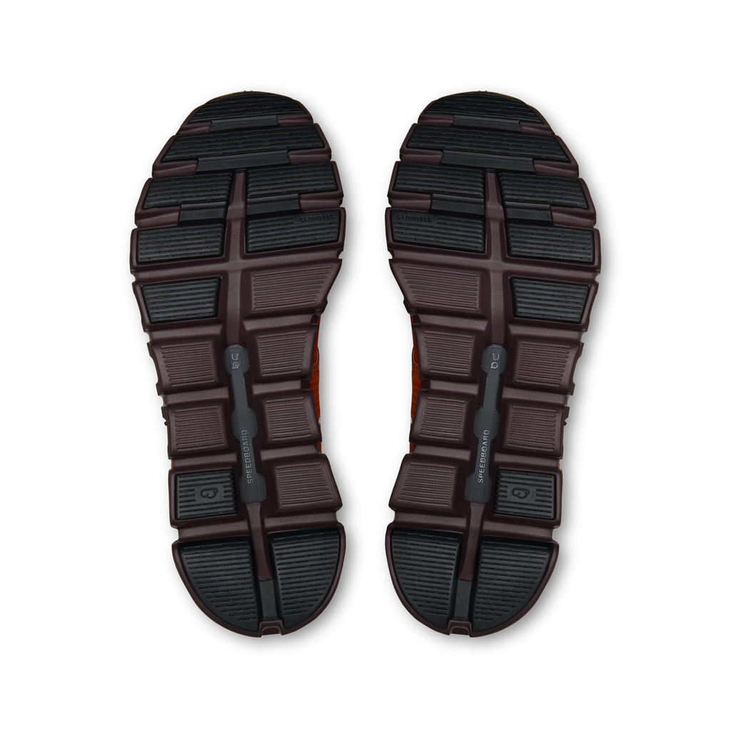 On women's waterproof running shoe outsole view, textured traction tread