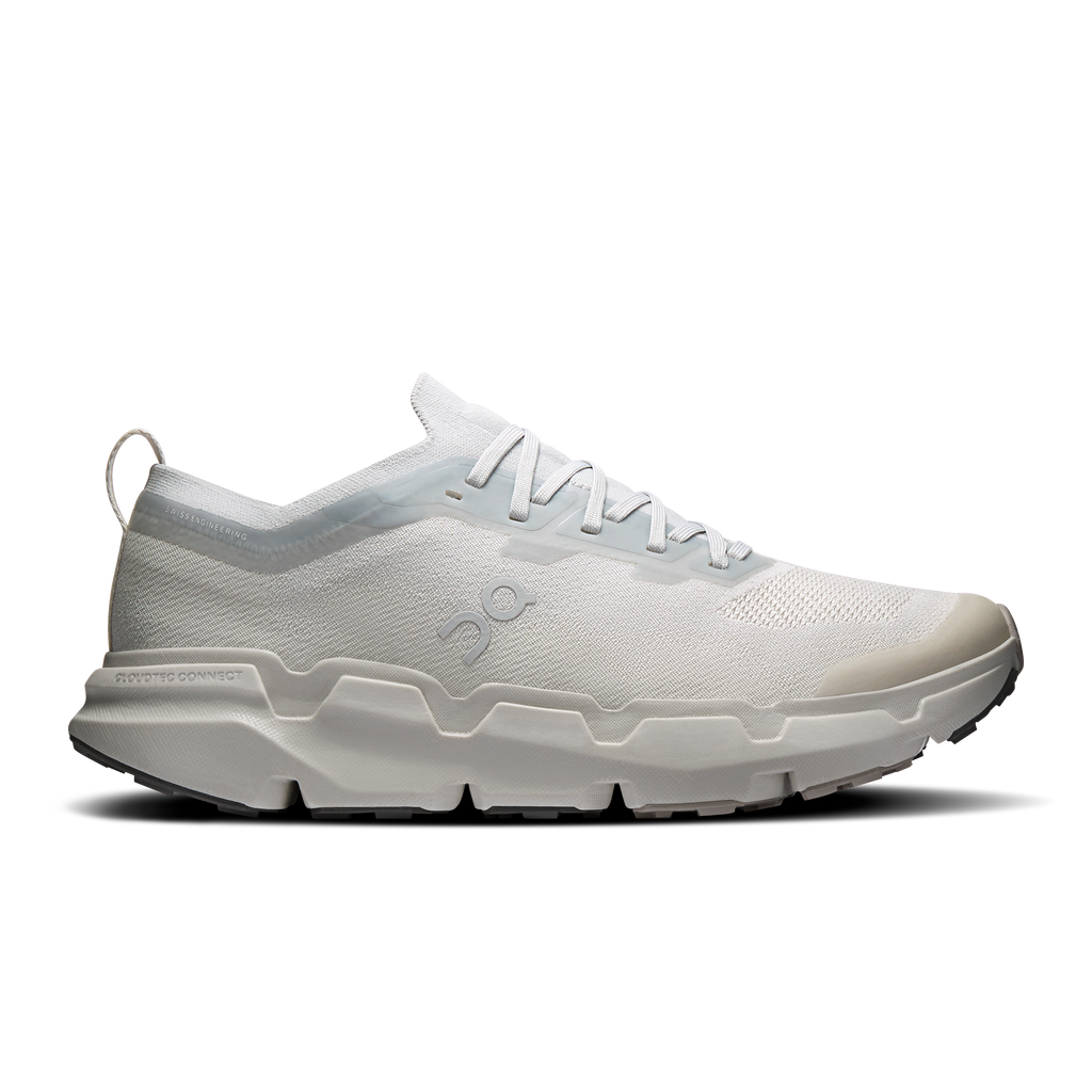 Men's running shoes in light gray and white, lace-up with Cloud-style midsole