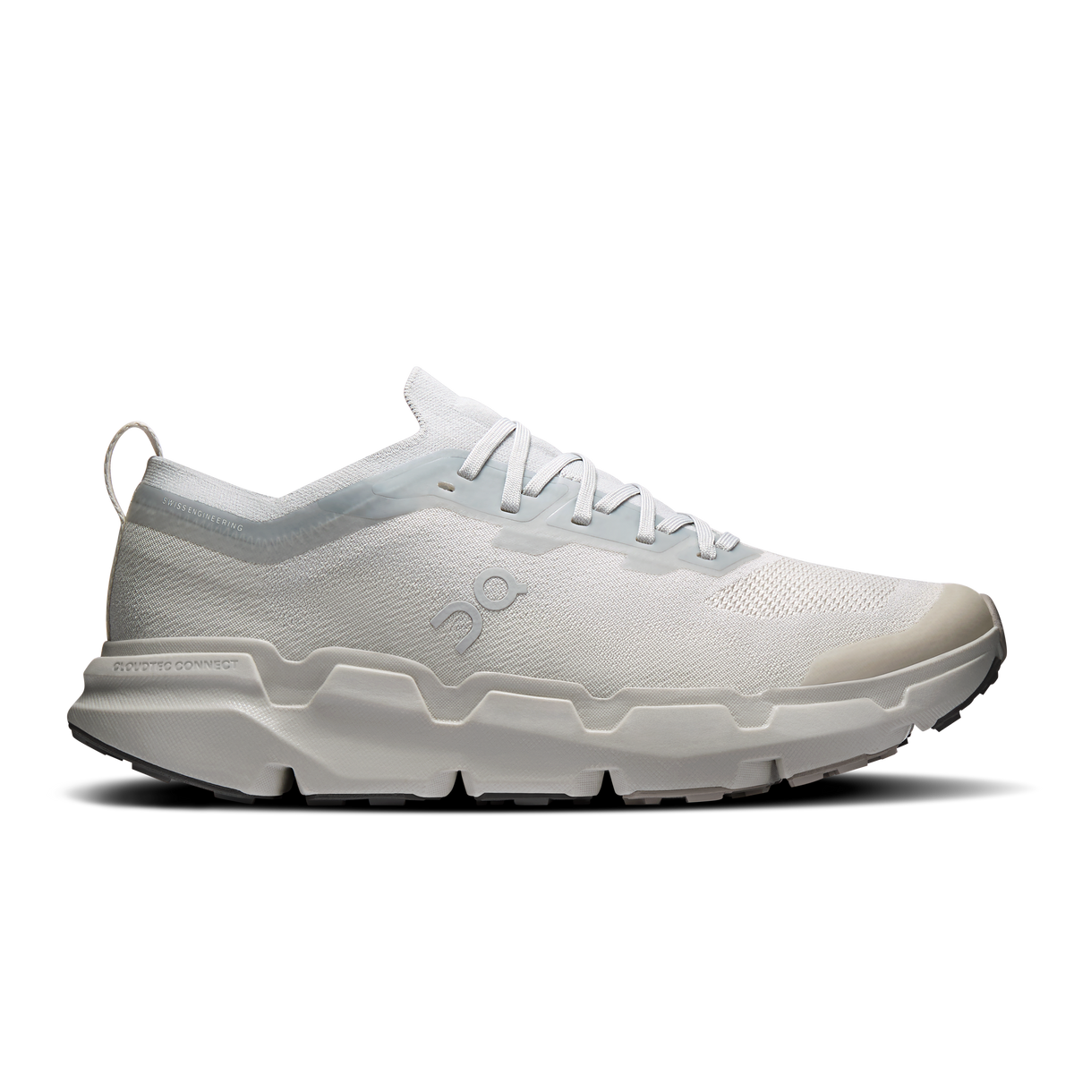 Men's running shoes in light gray and white, lace-up with Cloud-style midsole