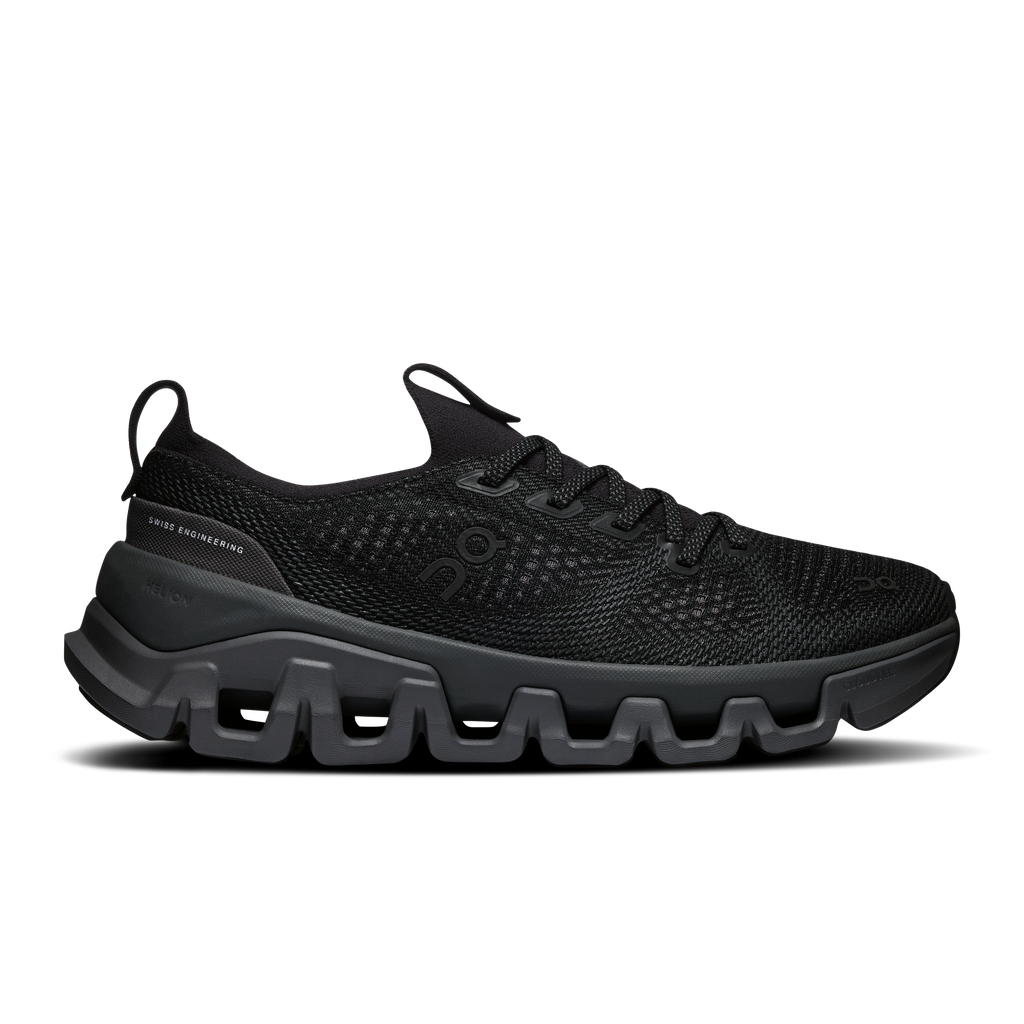 Men's black lace-up running shoe with textured mesh upper and chunky CloudTec sole