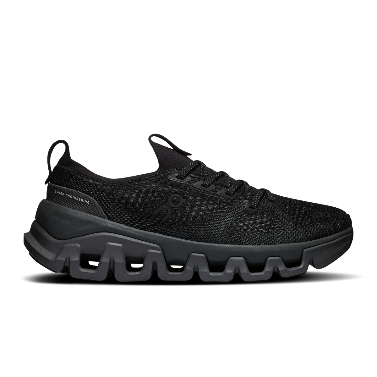 Men's black lace-up running shoe with textured mesh upper and chunky CloudTec sole