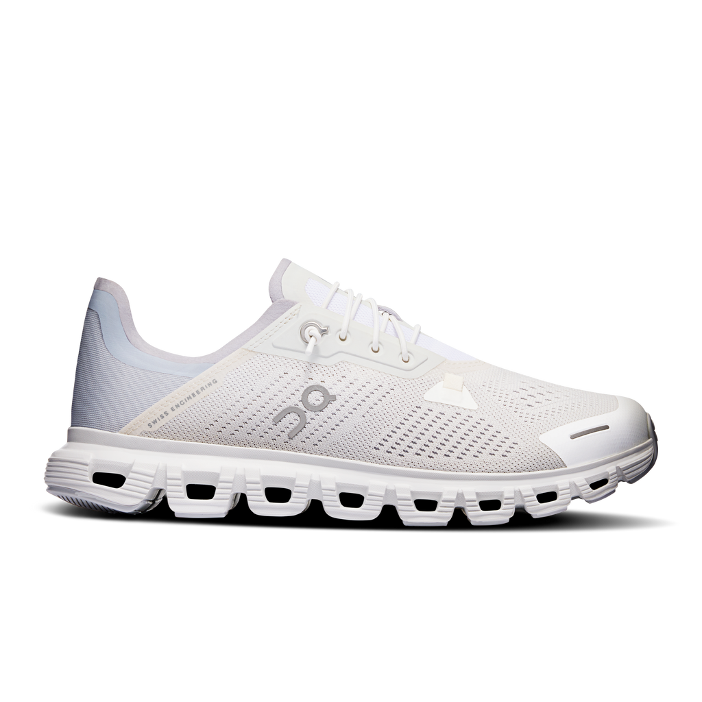 Women's white lace-up running shoes with perforated knit upper and Cloud-style pods sole