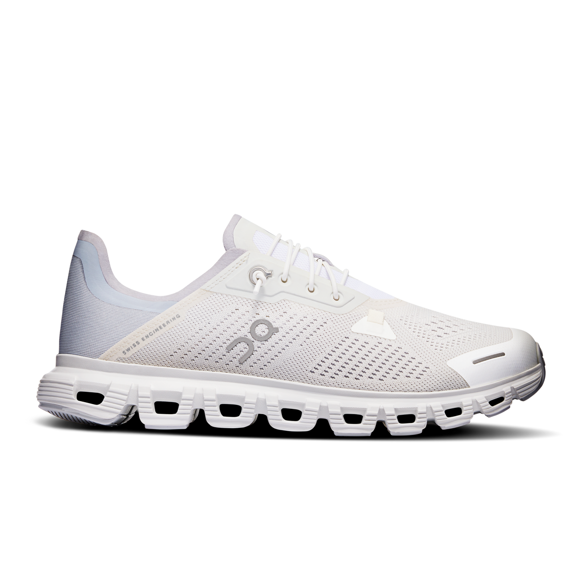 Women's white lace-up running shoes with perforated knit upper and Cloud-style pods sole