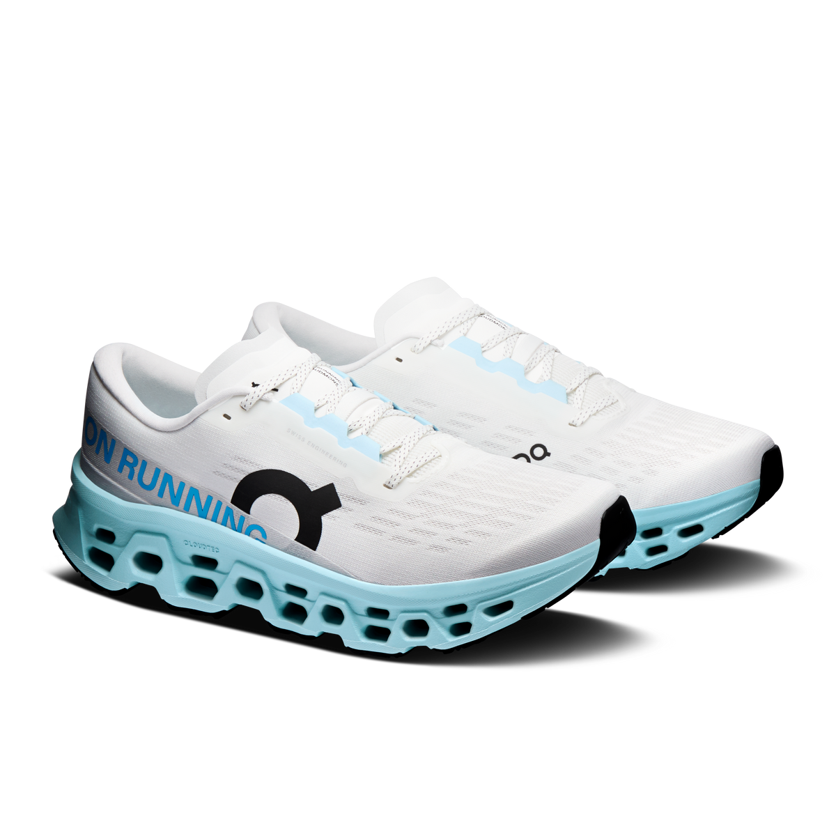 Men's Cloudmonster 3 running shoes, ivory mesh uppers with light blue sole pods