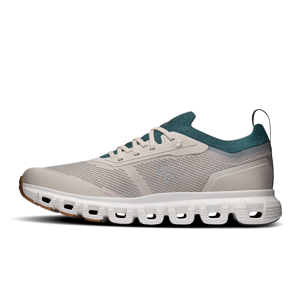 Women's running shoe, pearl mesh with teal collar and logo, Cloud cushioning sole.