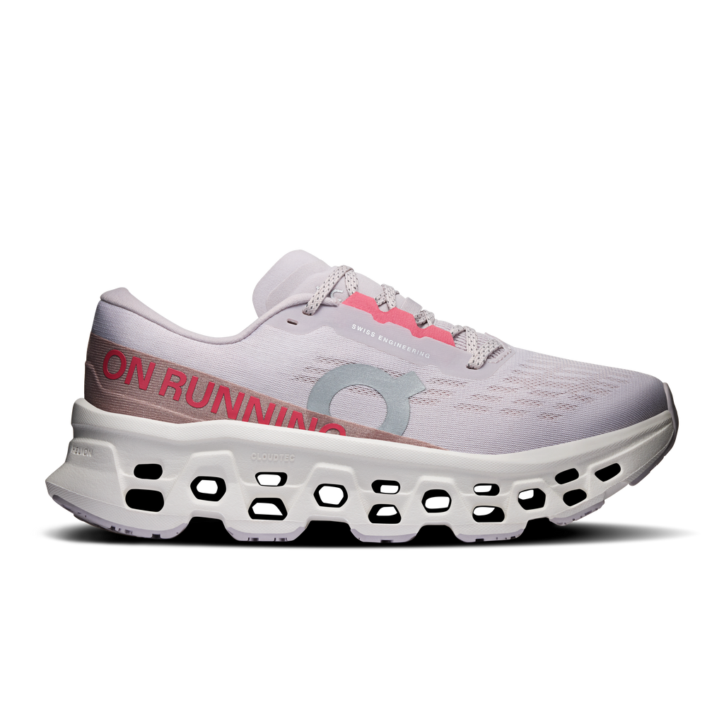 On Cloudmonster 3 women's running shoes in light gray and ivory with rubber pods sole