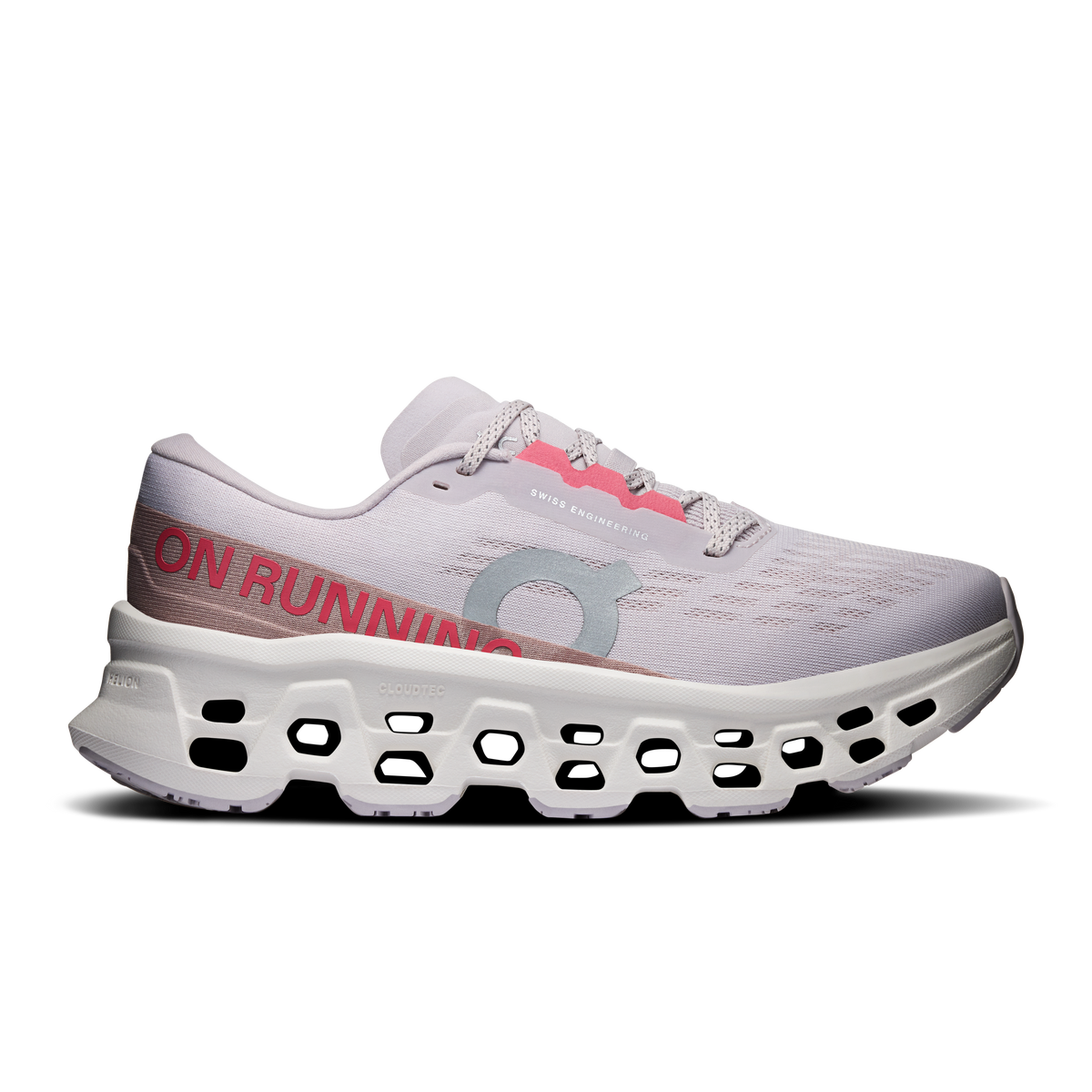 On Cloudmonster 3 women's running shoes in light gray and ivory with rubber pods sole