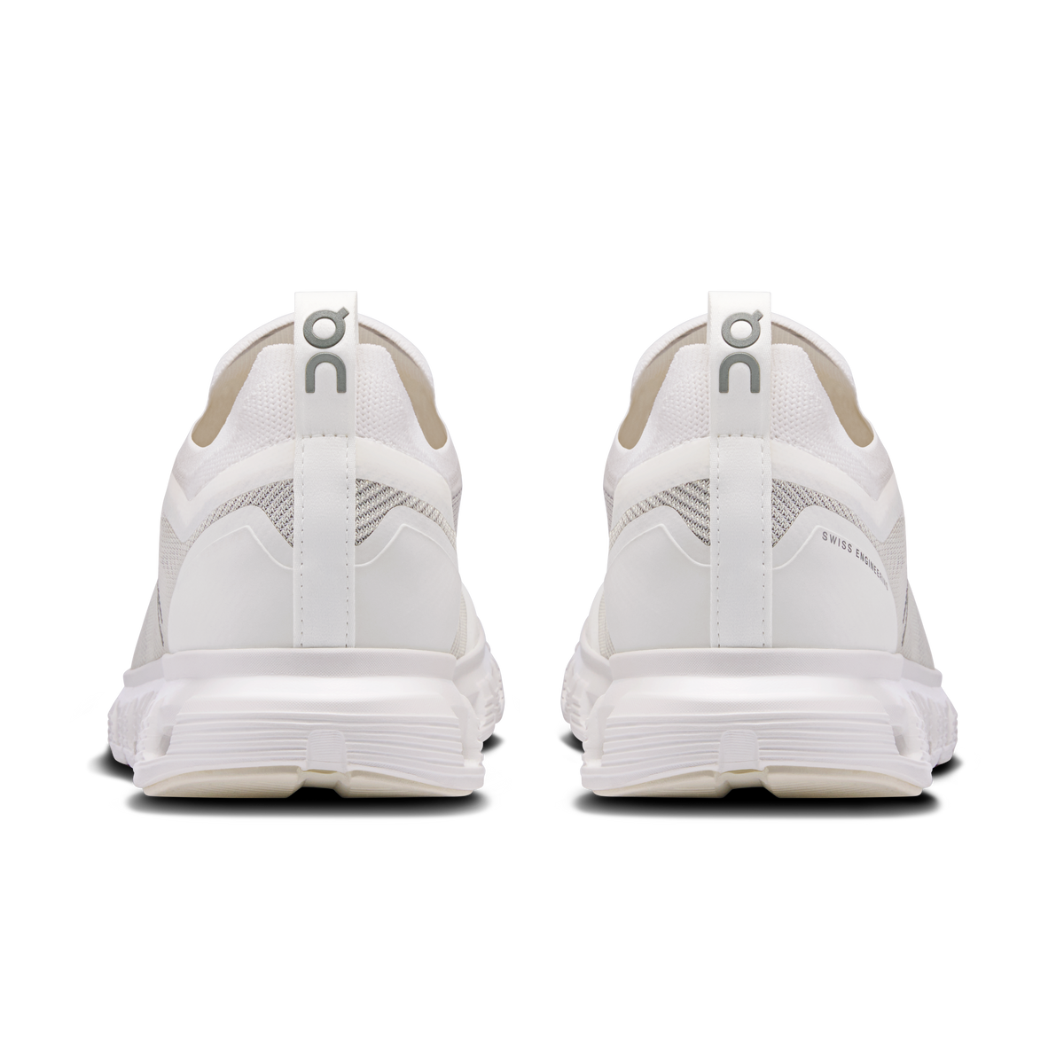 Men's On running shoes, rear view in white with lace collar and heel tabs