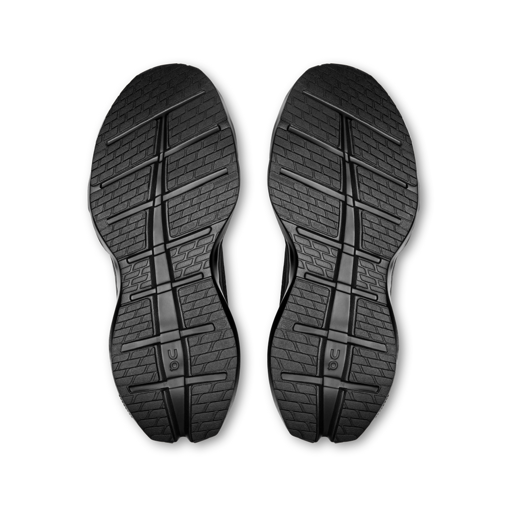 Pair of black shoe outsoles with deep tread pattern