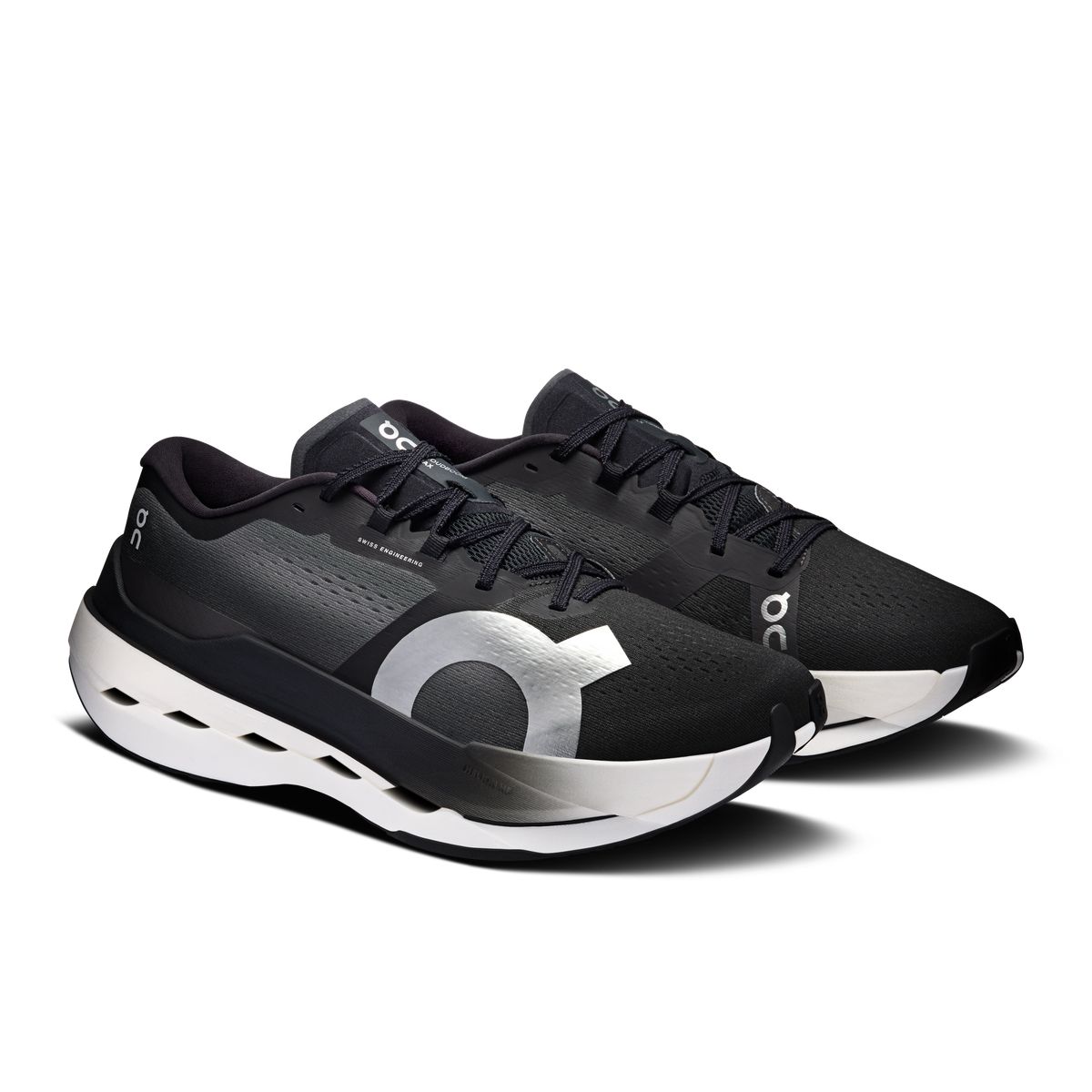 On Cloudboom Max men's running shoes, black mesh knit with oversized On logo