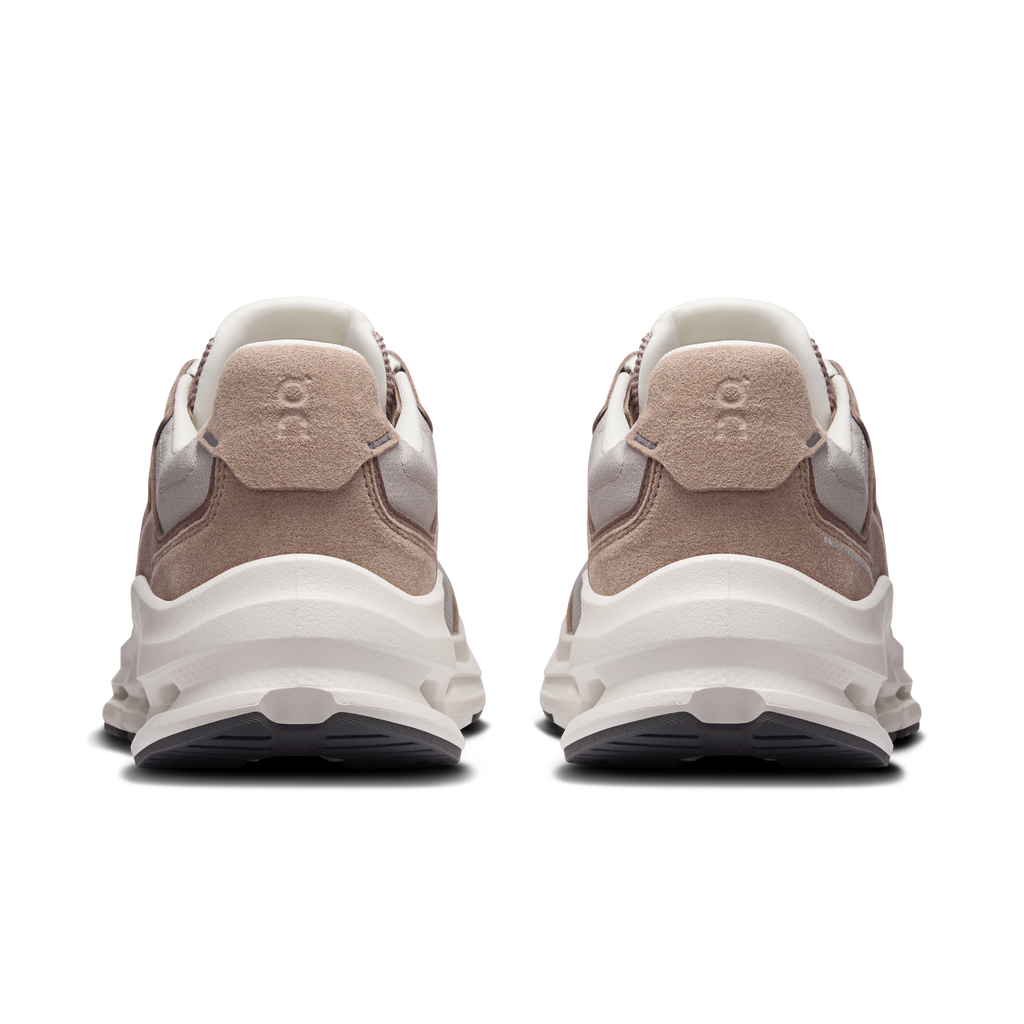 Men's shoe heel view, fog and ash upper with padded collar and white midsole