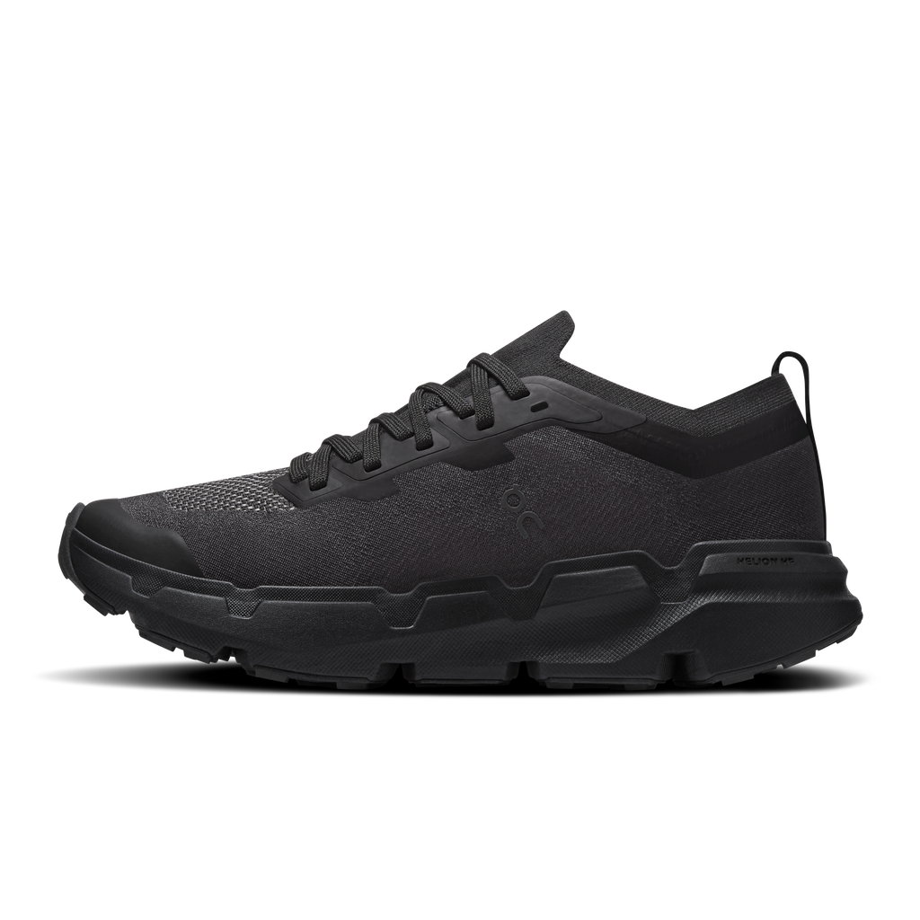 Women's black lace-up running shoes, side profile with chunky rocker sole
