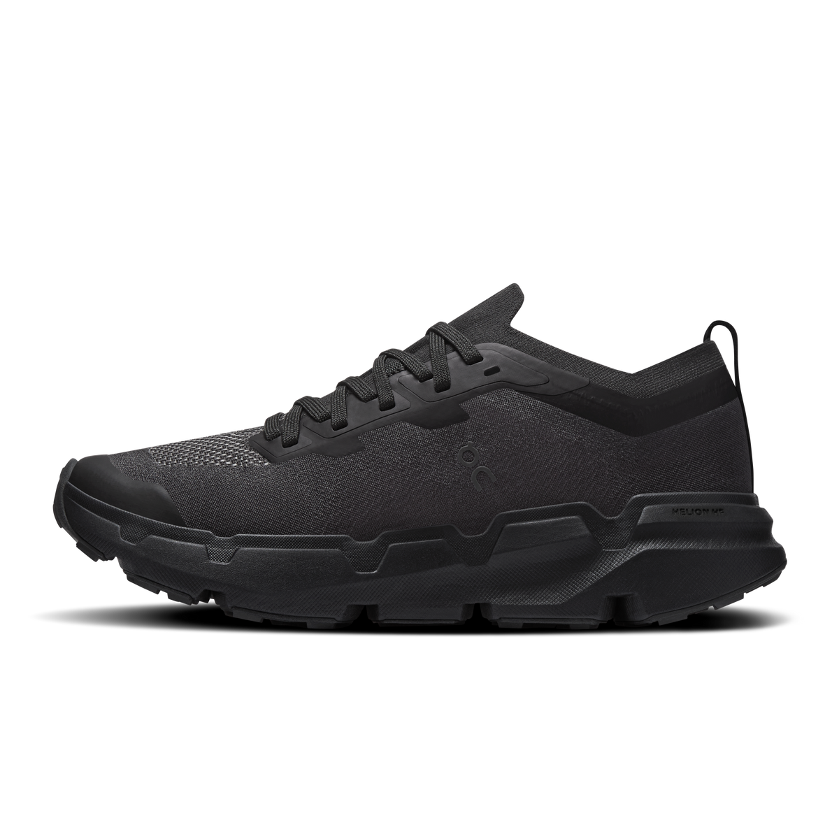 Women's black lace-up running shoes, side profile with chunky rocker sole