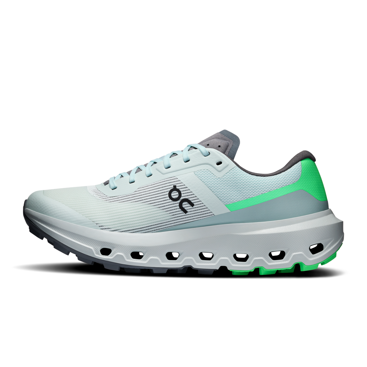 On Cloudvista 3 women's running shoes, white upper with teal panel and green stripe