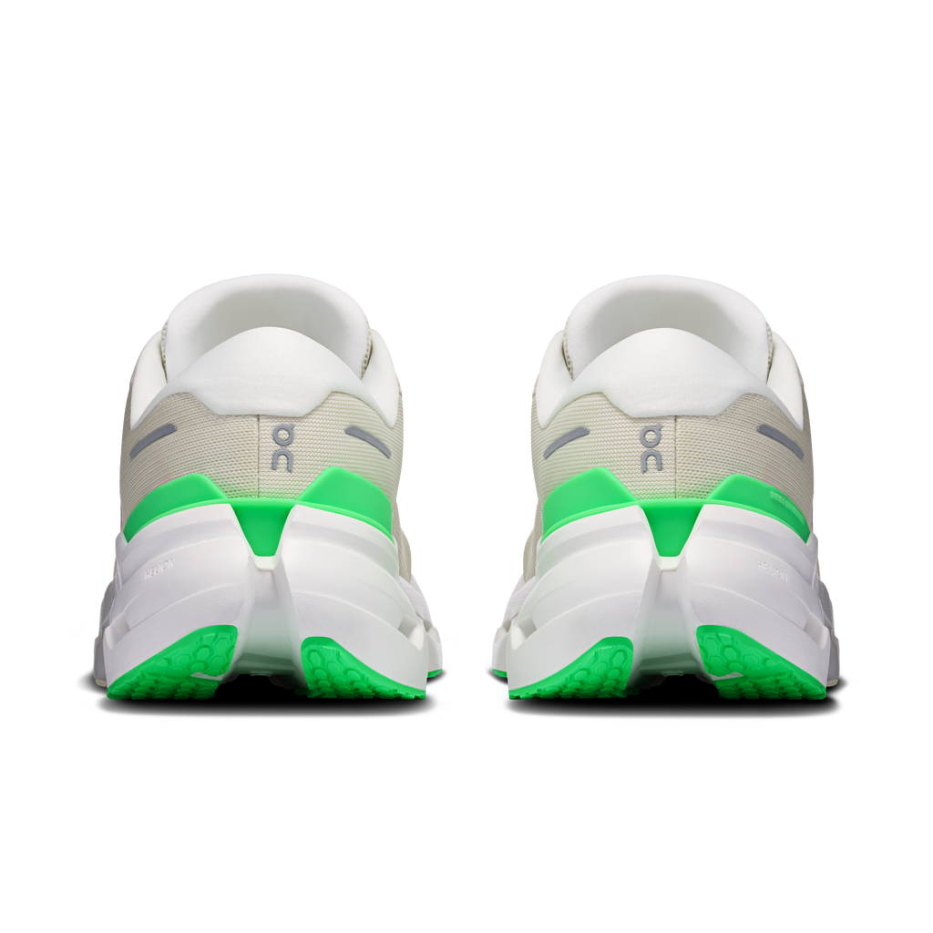 Men's running shoes, rear view: white heel with mint green back stripe.