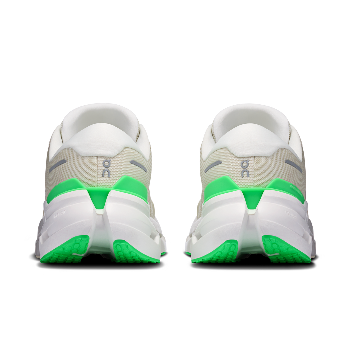 Men's running shoes, rear view: white heel with mint green back stripe.