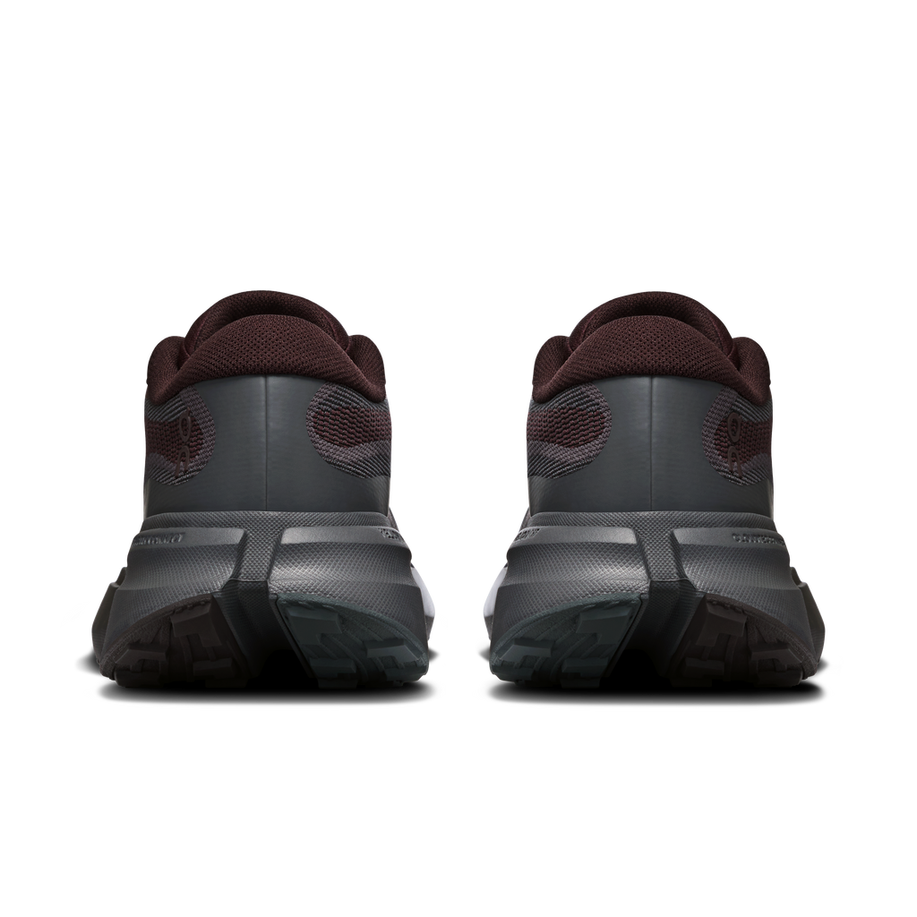Pair of maroon-and-gray hiking shoes, rear view with padded collar
