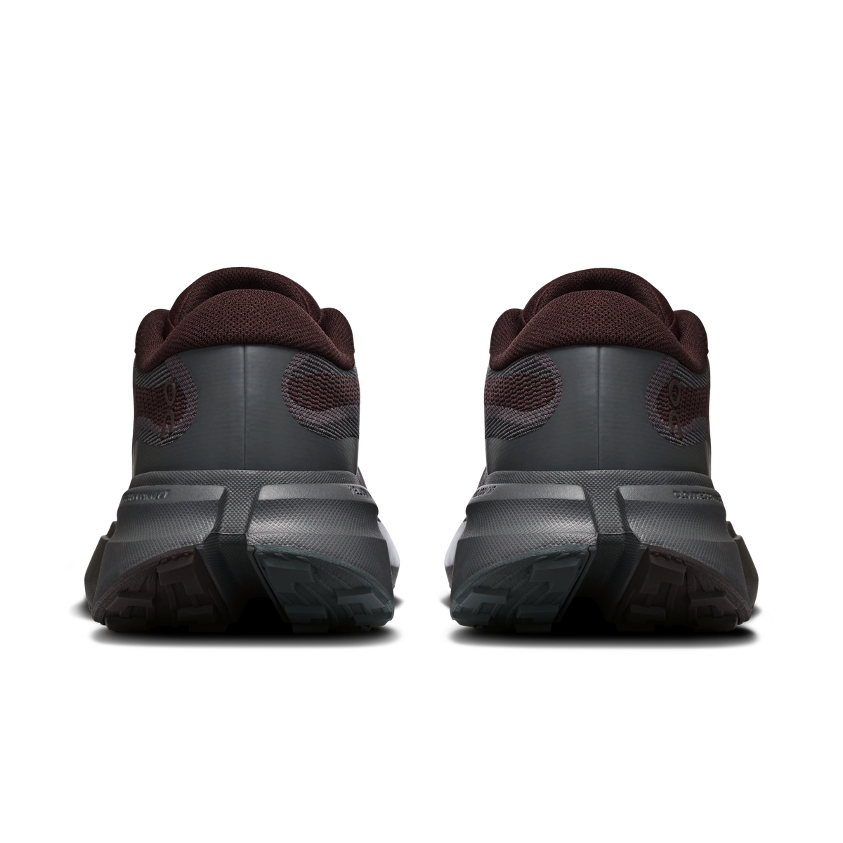 Pair of maroon-and-gray hiking shoes, rear view with padded collar