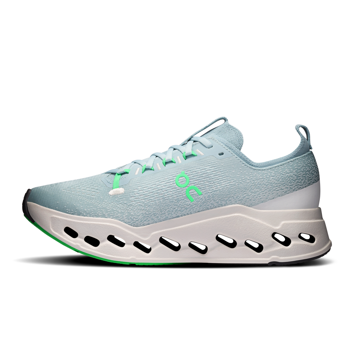 Men's running shoe, front quarter: light blue upper, green laces, white rocker sole