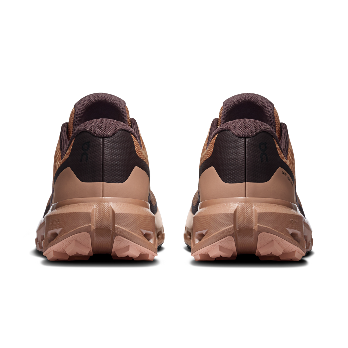 Men's waterproof running shoes rear view, tan upper with dark heel and padded collar
