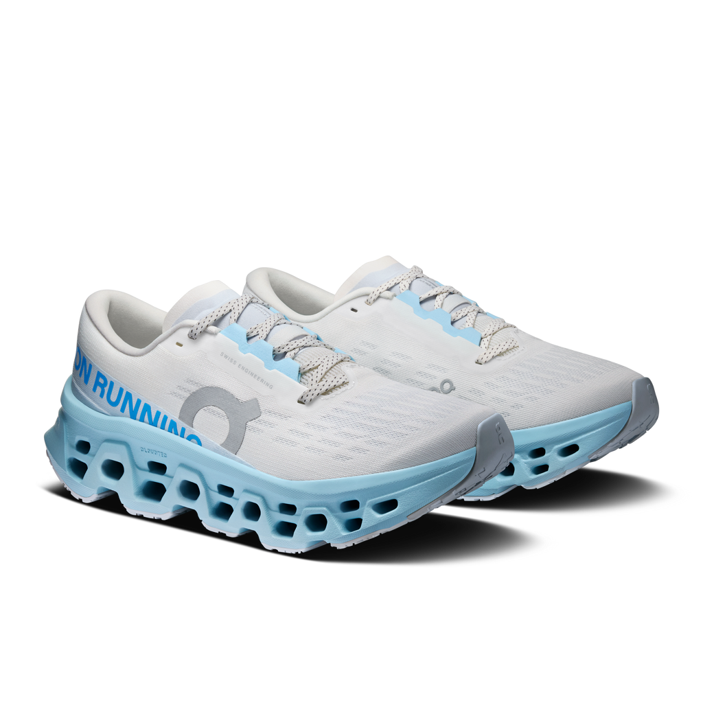 On Running Cloudmonster 3 women’s shoes, white uppers with light-blue laces and CloudTec sole