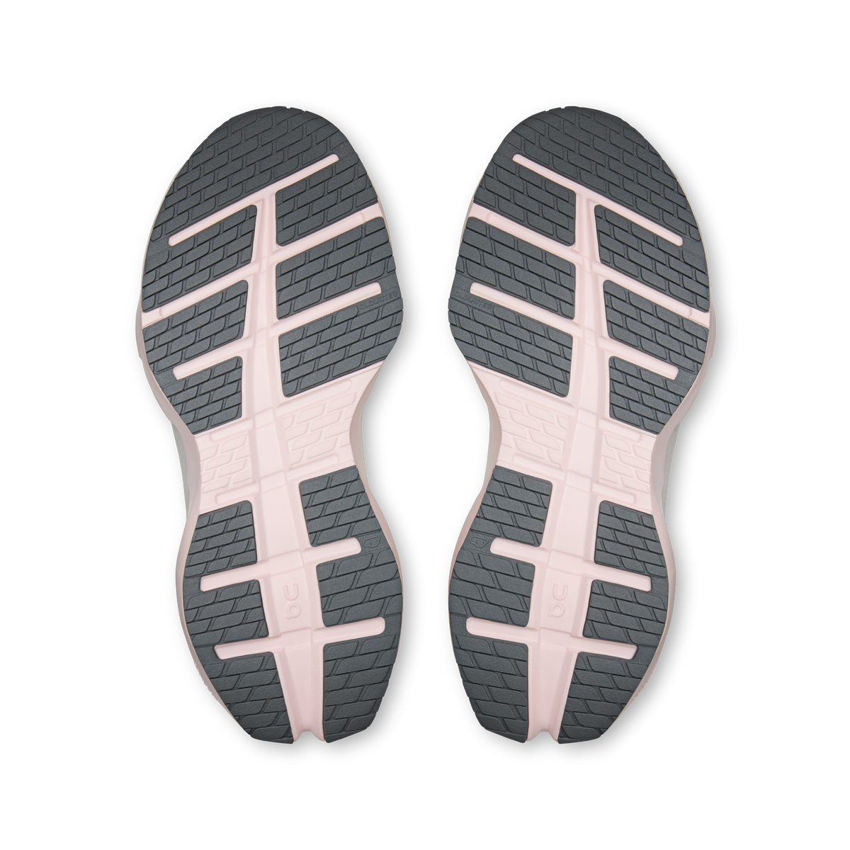 Shoe outsoles with patterned tread and pink and light-gray center sections