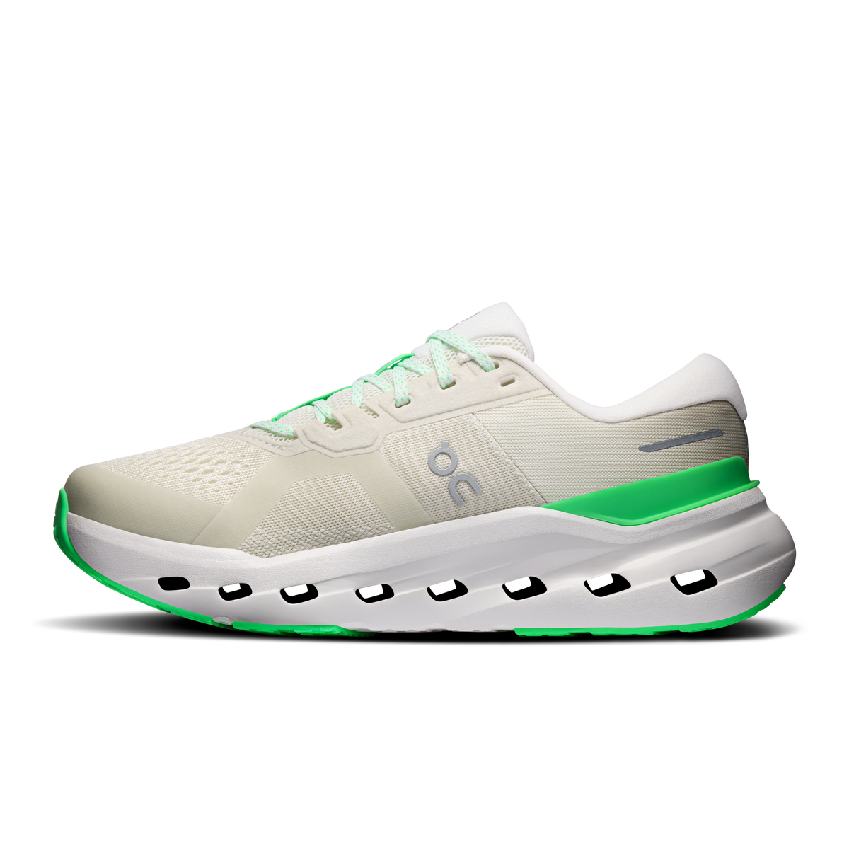 Women’s wide running shoe, off-white knit with neon green heel and podded outsole