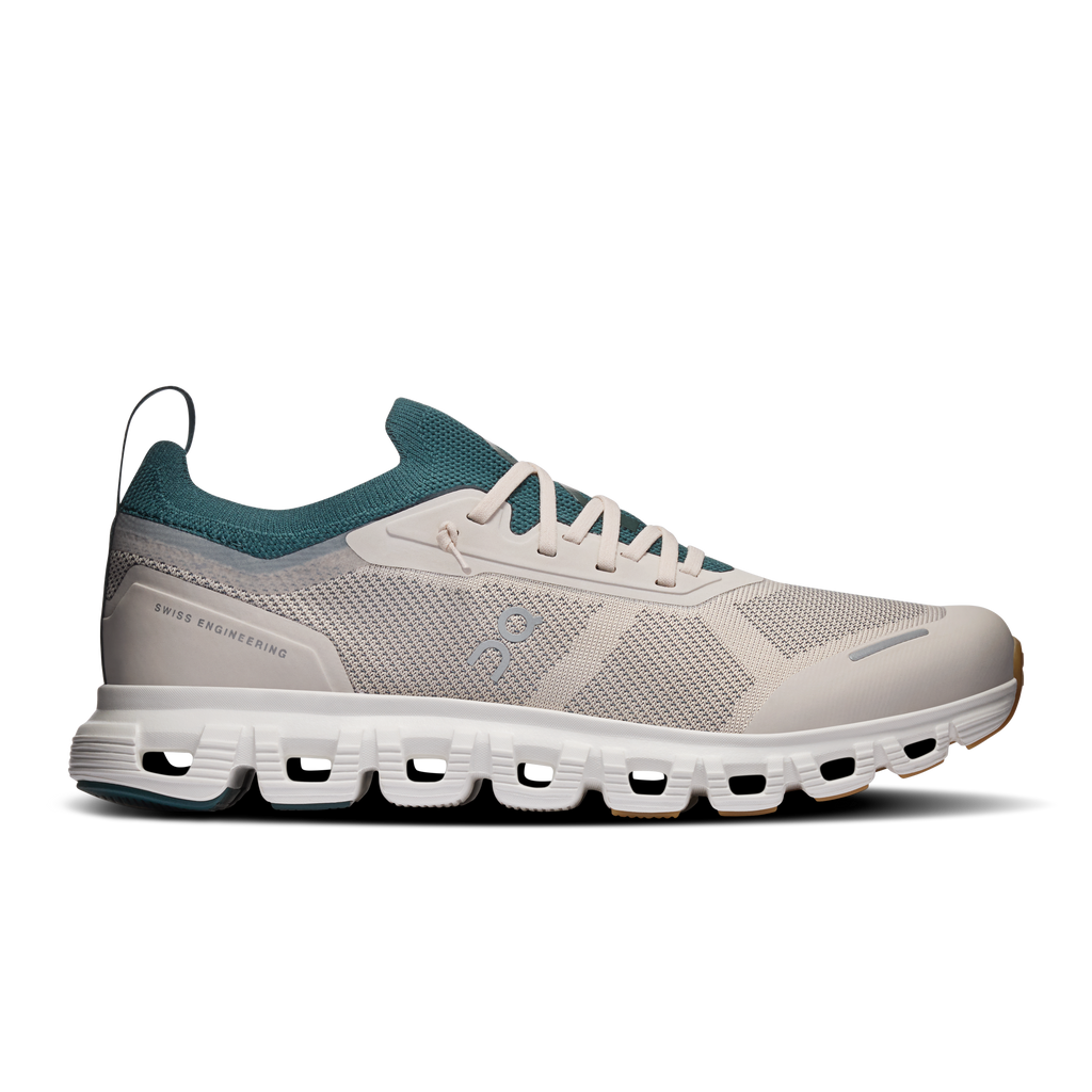 Women's running shoes, pearl mesh with teal trim and Cloud-style cushioned sole.